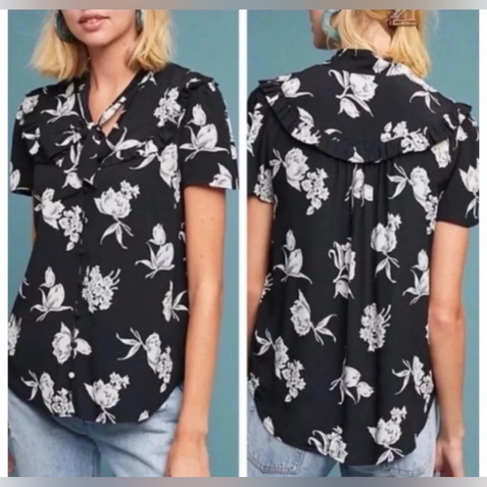 Anthropologie Maeve Black And White Floral Ruffle‎ Blouse S